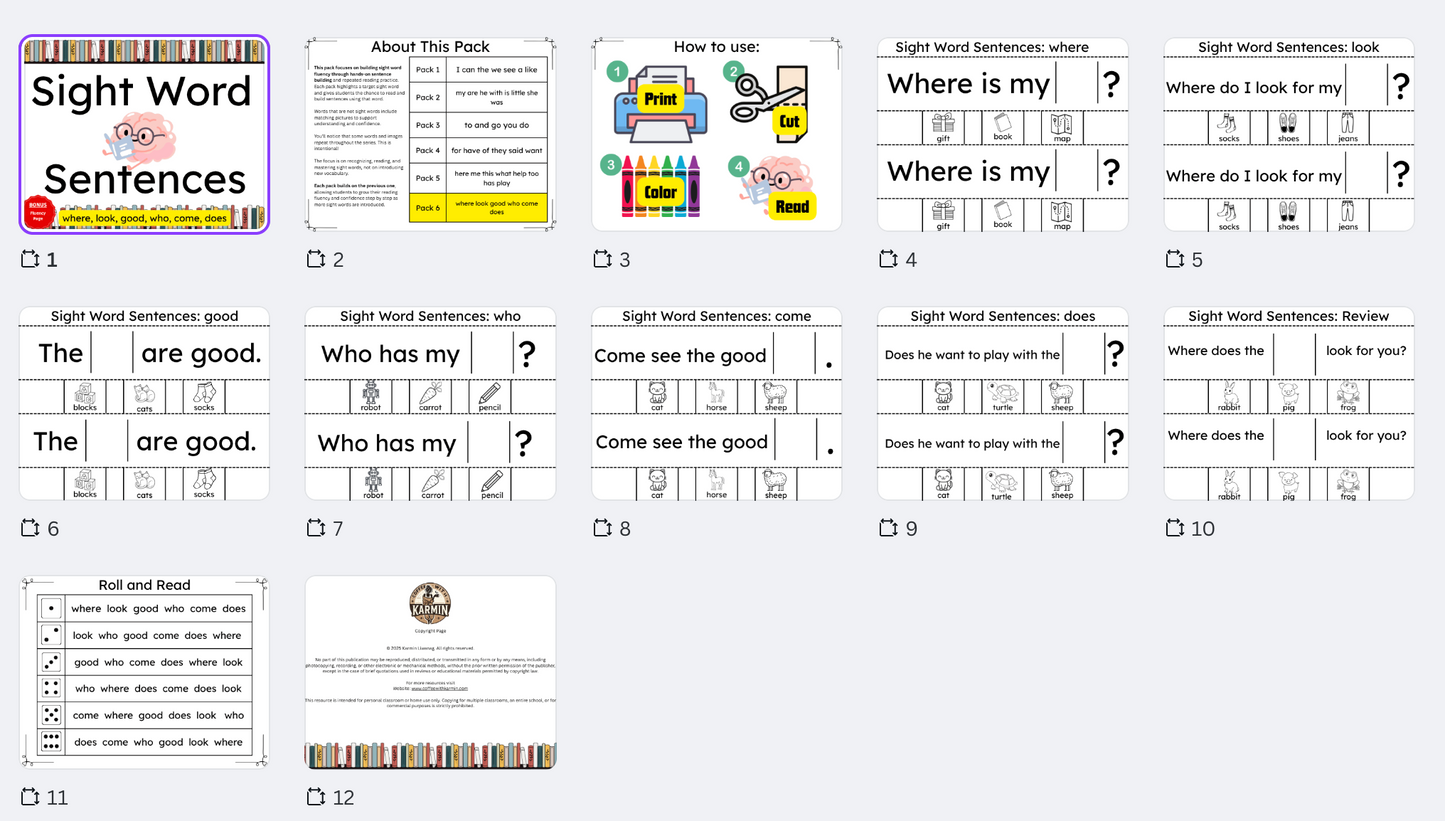 Pack 6: Sight Word Sentence Builder (where, look, good, who, come, does)