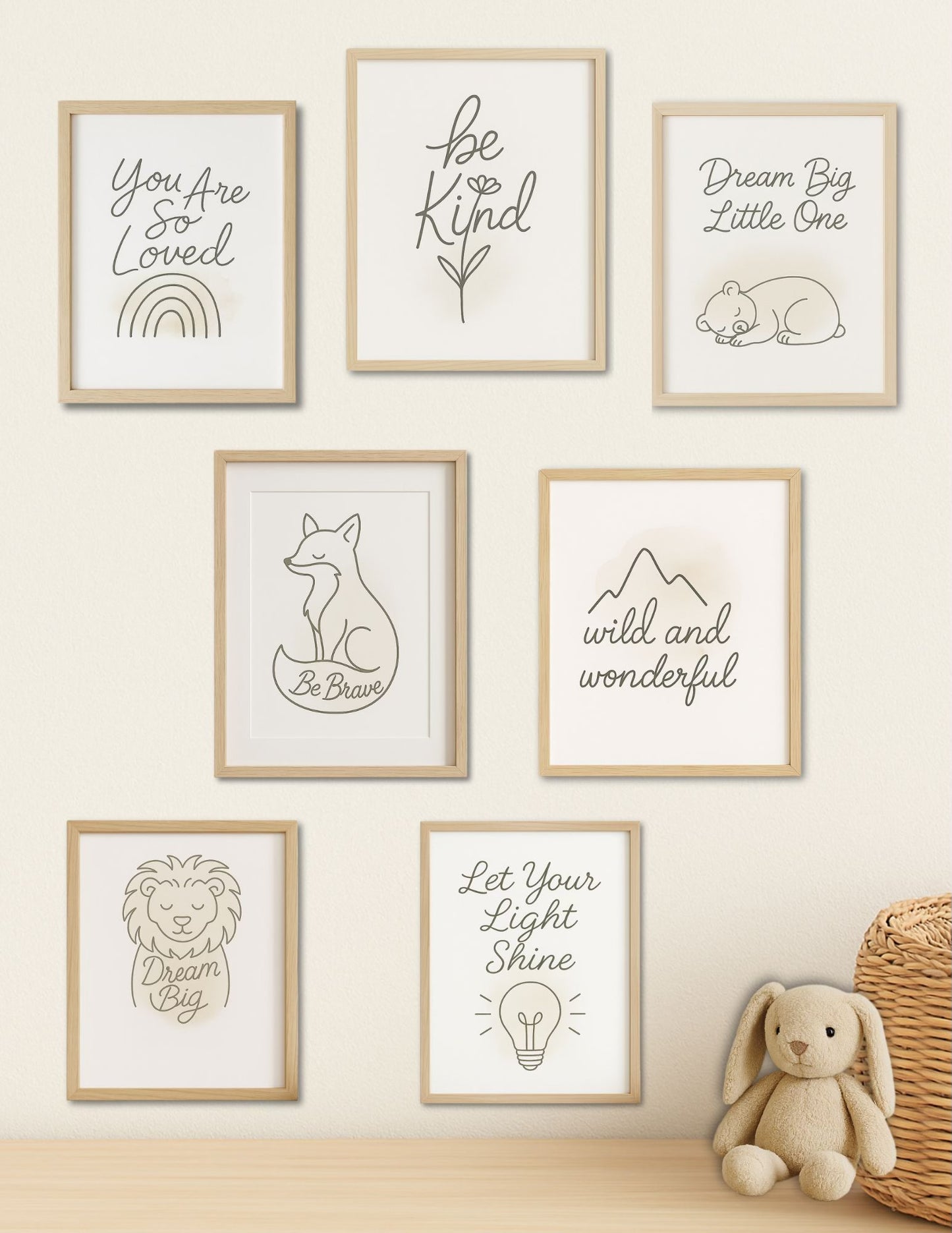 Neutral Nursery Wall Art Set of 7 (Digital Download) – Minimalist Line Art Prints for Kids Room & Baby Nursery Decor