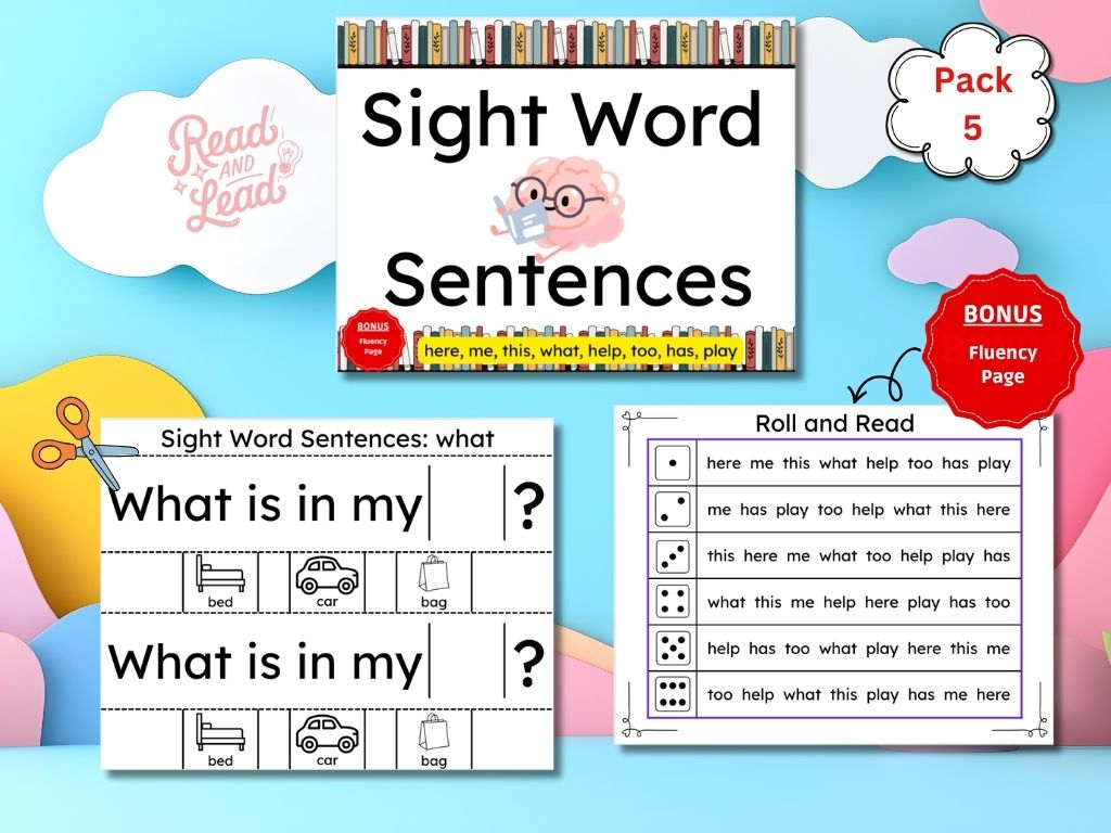 Pack 5: Sight Word Sentence Builder (here, me, this, what, help, too, has, play)