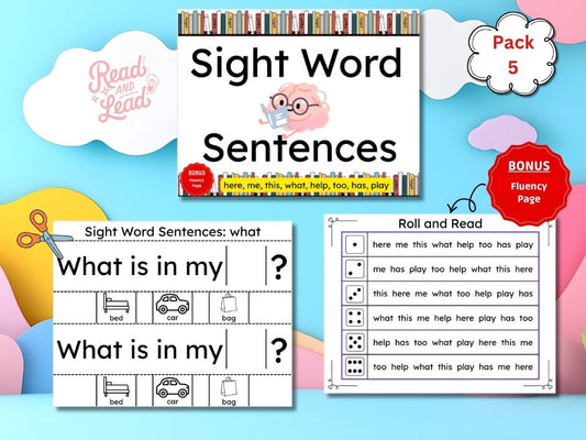 Pack 5: Sight Word Sentence Builder (here, me, this, what, help, too, has, play)