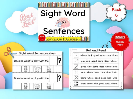 Pack 6: Sight Word Sentence Builder (where, look, good, who, come, does)