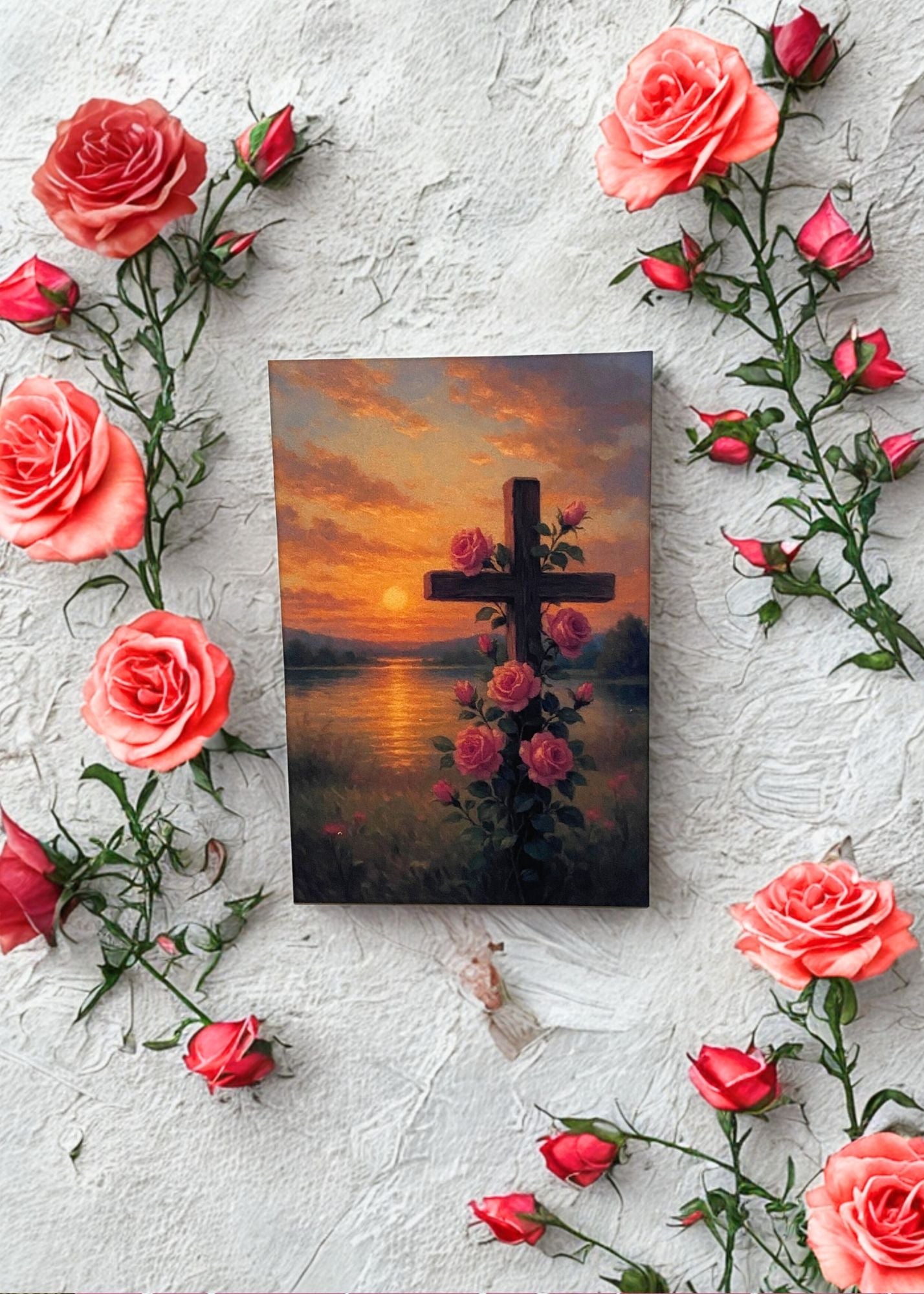 Cross and Roses Sunset Magnet | Faith-Based 2x3 Fridge Art – Christian Home Decor