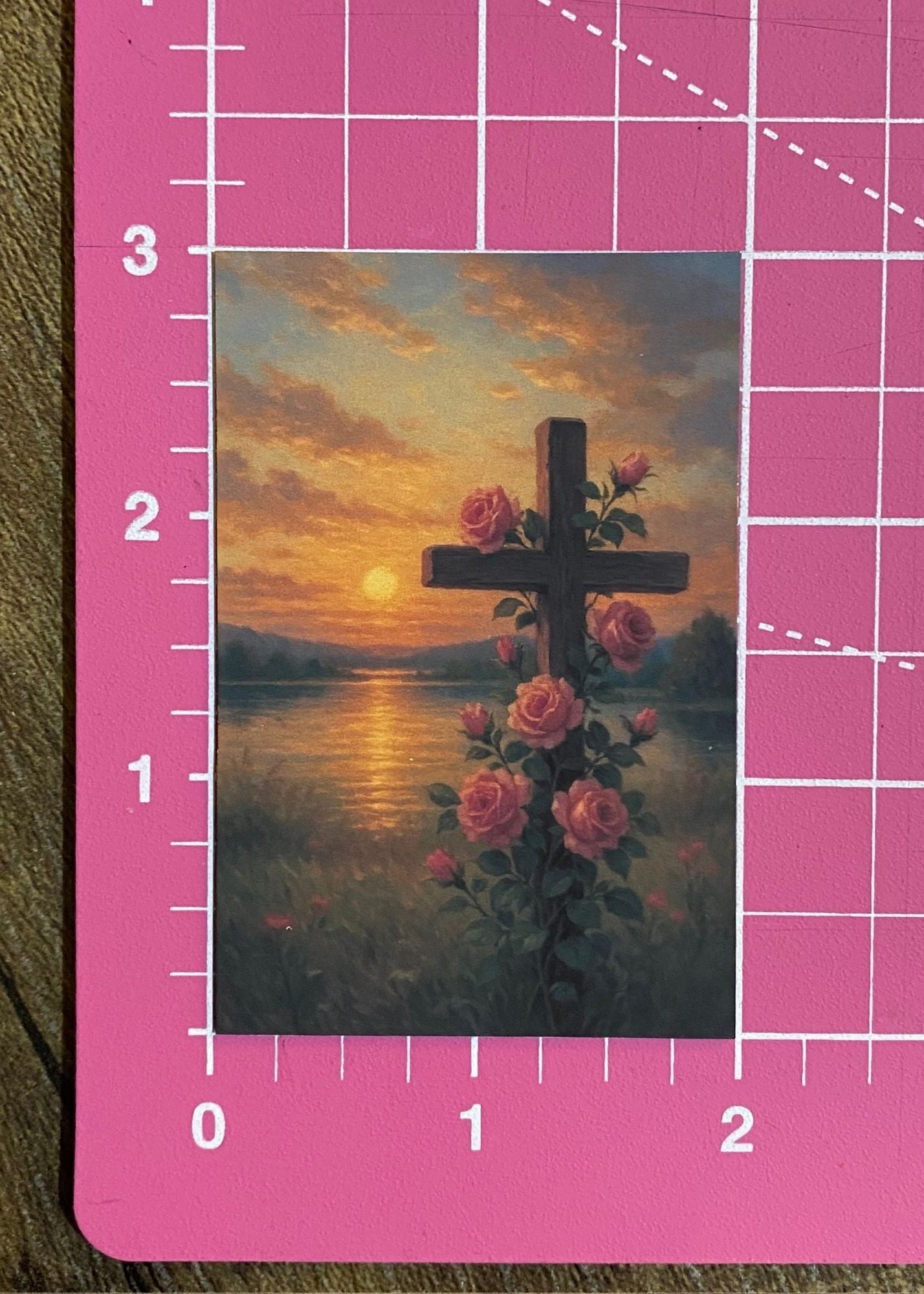 Cross and Roses Sunset Magnet | Faith-Based 2x3 Fridge Art – Christian Home Decor