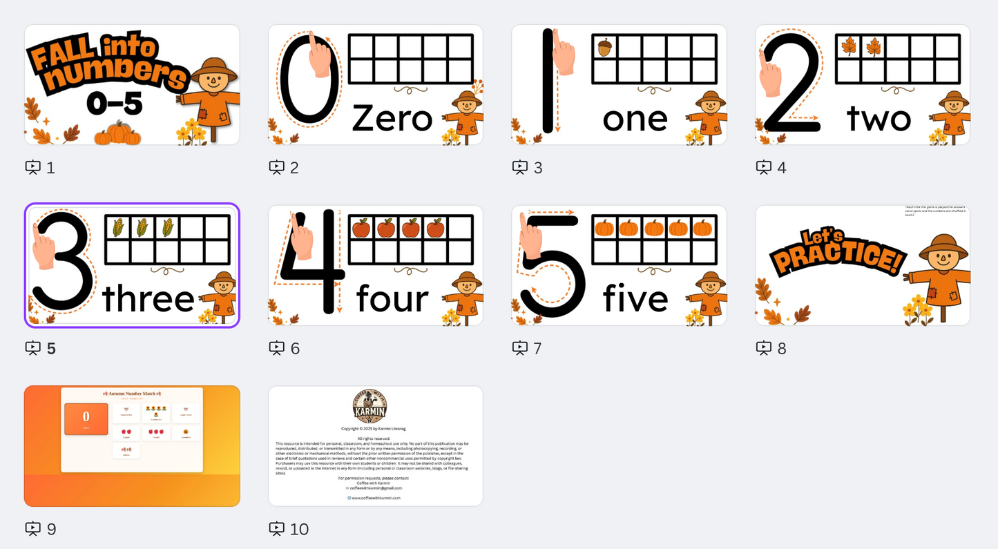 Fall Into Numbers: 0–5 | Interactive Canva Presentation Template | Preschool & Kindergarten